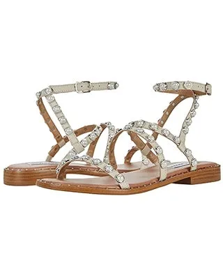 Steve Madden Travel Bone Pearl Ankle Strap Pyramid Embellished Flat Sandals