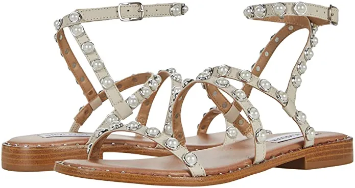 Steve Madden Travel Bone Pearl Ankle Strap Pyramid Embellished Flat Sandals