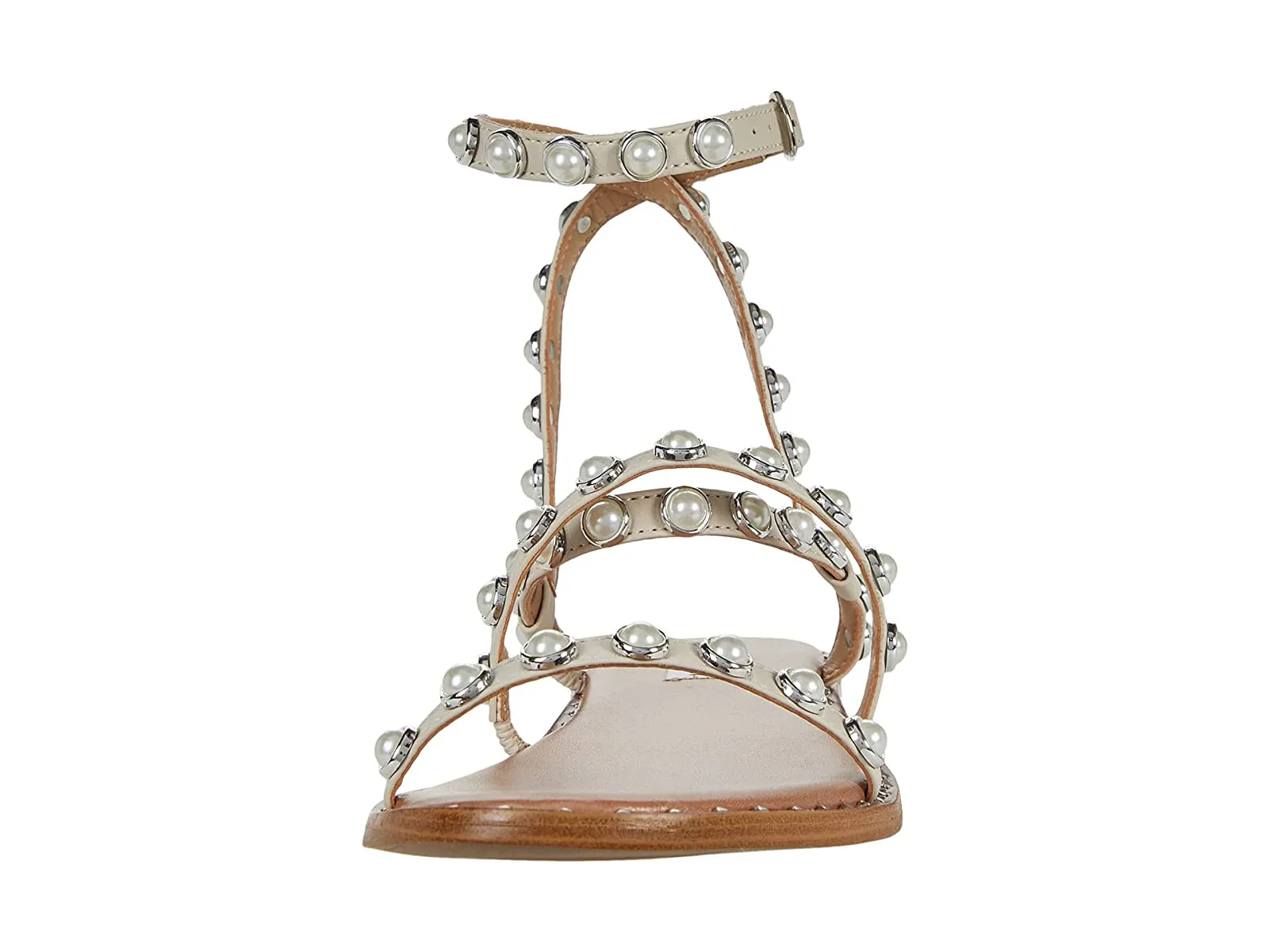 Steve Madden Travel Bone Pearl Ankle Strap Pyramid Embellished Flat Sandals