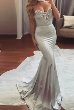 Sweetheart Mermaid Long Prom Dresses Gray Evening Dresses with Appliques PDA225