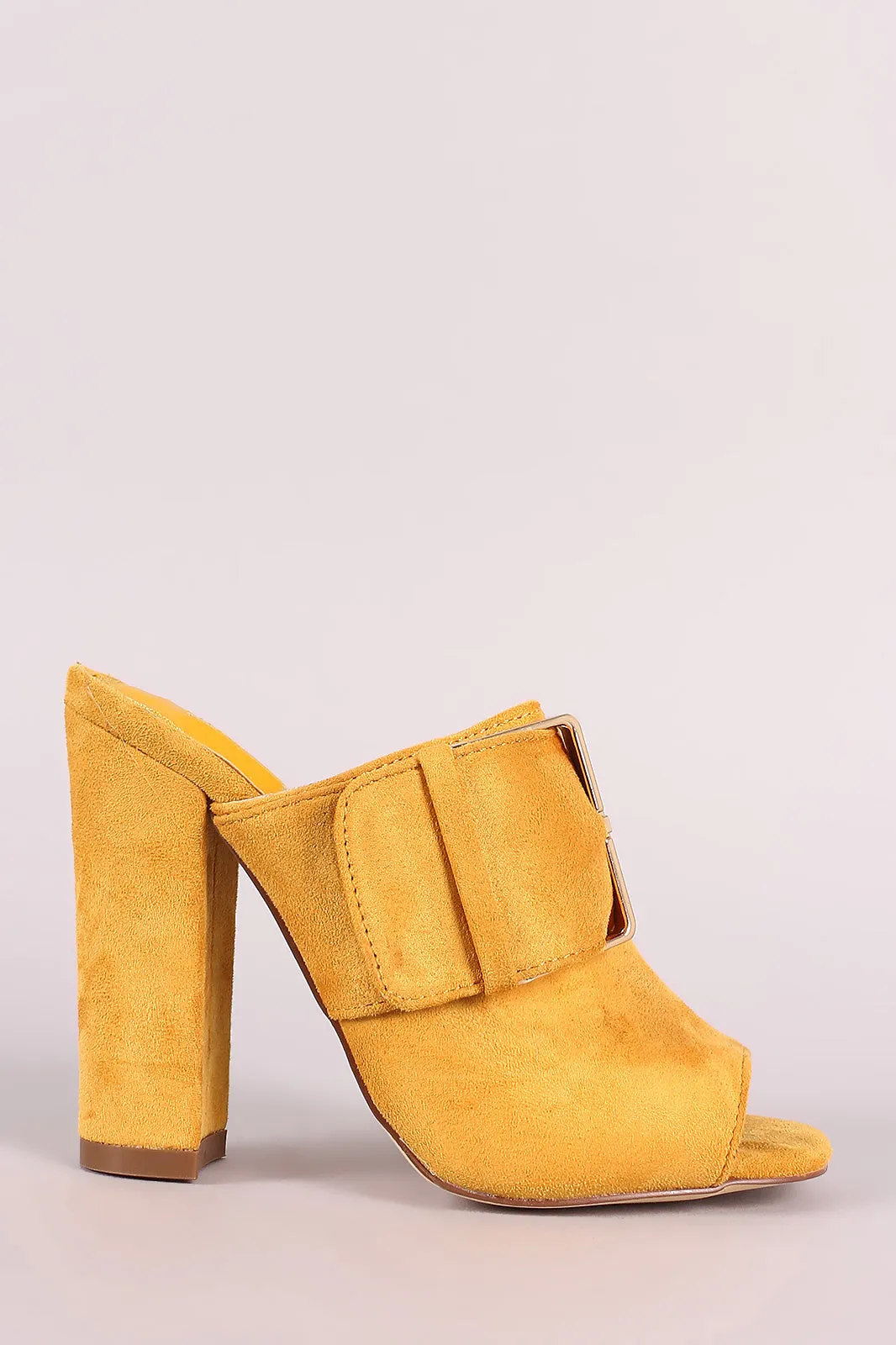 Vegan Suede Buckle Open Toe Chunky Mule Heel