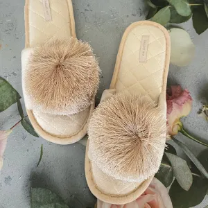 Women Open-toe Pom-pom Slippers-Champagne