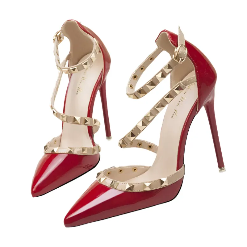 Women's Sexy Pointed Toe Pumps – 10CM Thin High Heels with Rivet Hollow Design & Ankle Strap for Nightclubs & Parties