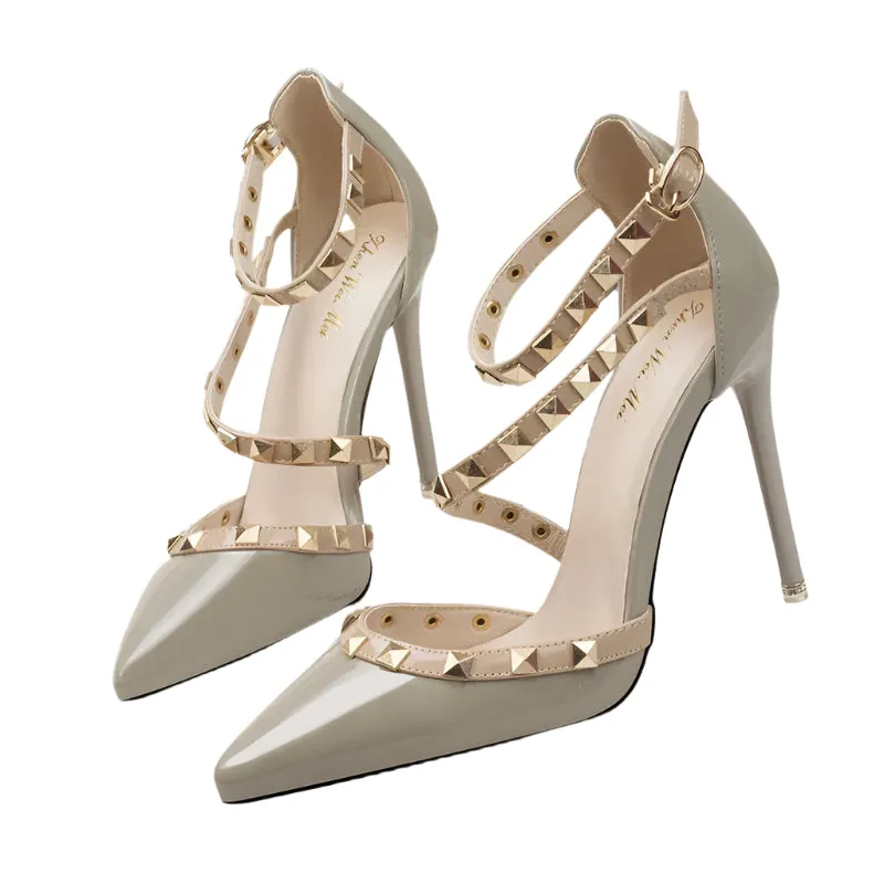 Women's Sexy Pointed Toe Pumps – 10CM Thin High Heels with Rivet Hollow Design & Ankle Strap for Nightclubs & Parties